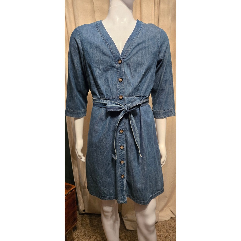 Papaya Denim Blue Button Front Belted V-Neck Dress Size 16 100% Cotton L337SZ - Picture 3 of 9